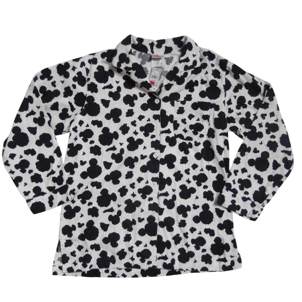Disney Store Mickey Mouse Flannel Pajama Top Button Down White Black Medium NWT - Picture 1 of 5